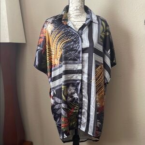 Free People Black Tropical Print Short-Sleeve Button-Down Shirt